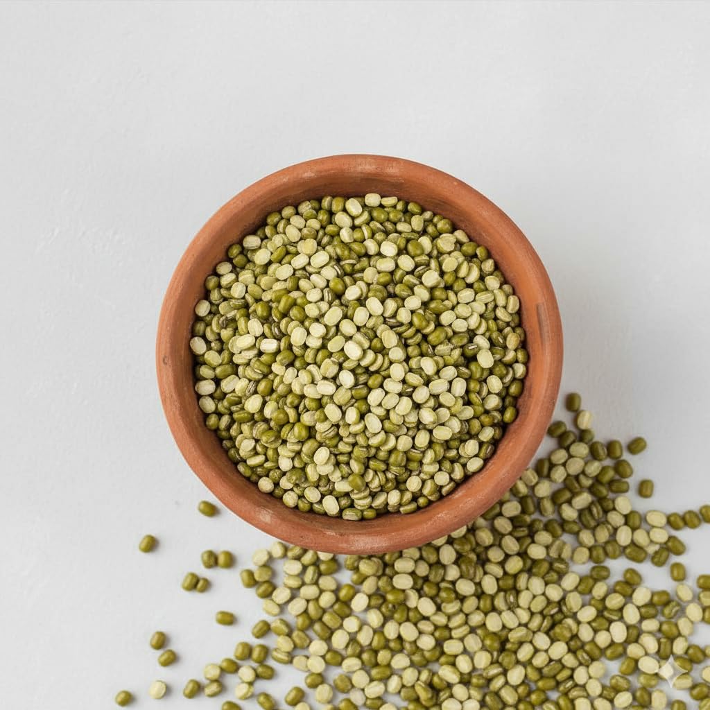 Bowl of green lentils in a mud bowl