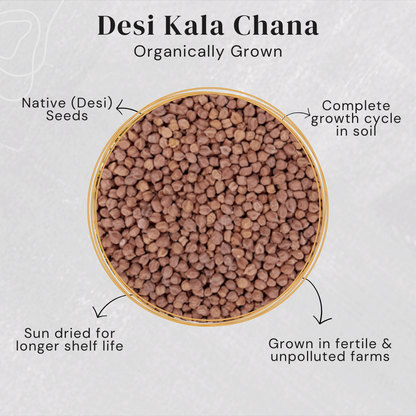 Wicker basket filled with Desi Kala Chana seeds describing the farming process.