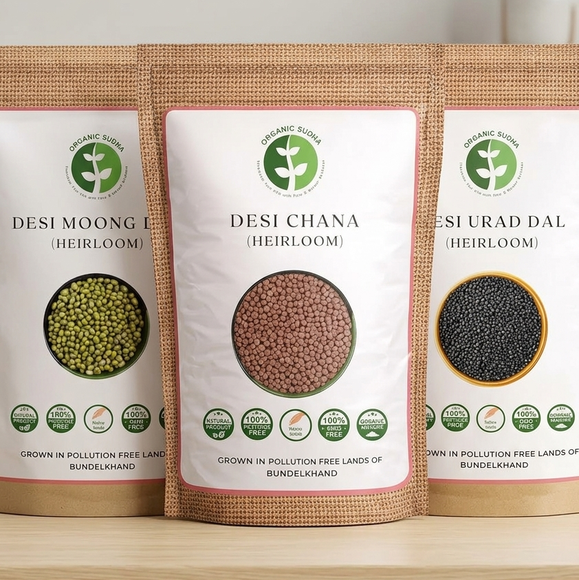 Three packages of heirloom seeds labeled 'Desi Moong', 'Desi Chana', and 'Desi Urad Dal' on a wooden surface.