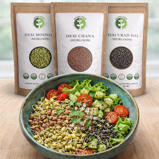 Bowl of salad with Desi Moong, Chana, and Urad Dal packages in the background.