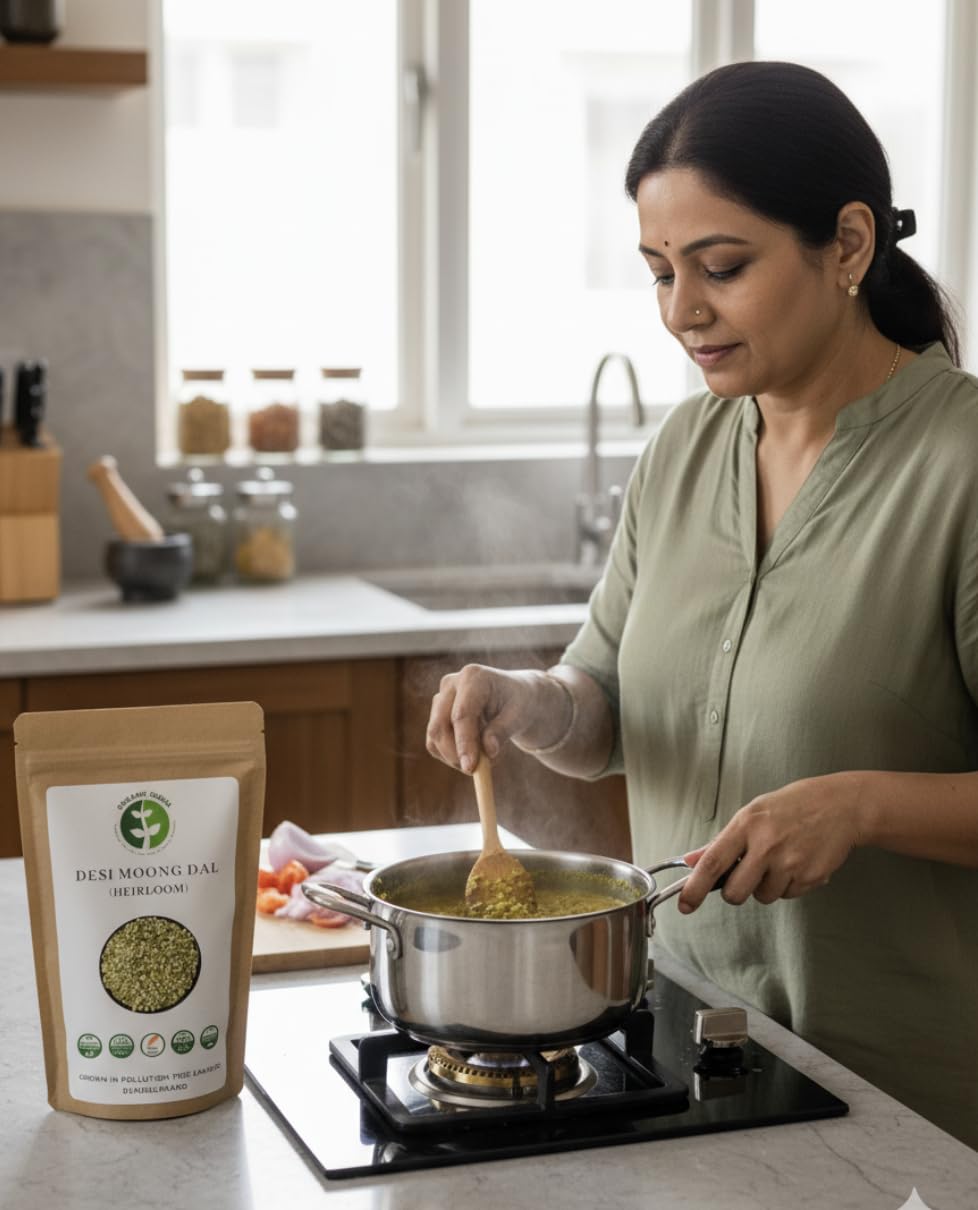 Woman cooking in a kitchen with a package of Desi Split Moong Dal on the counter.