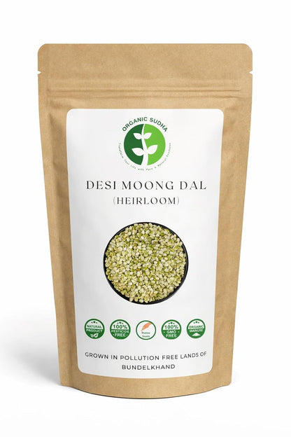 Desi Split Moong Dal package with a brand label on a white background