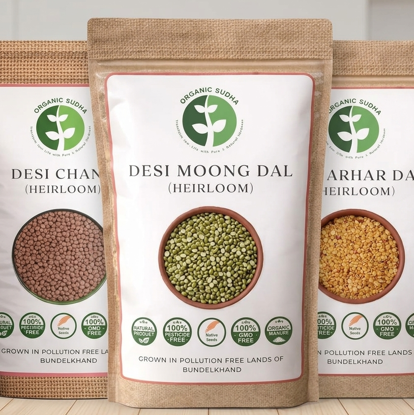 Three packages of organic desi moong dal, Kala Chana& Desi Arhar