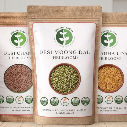 Three packages of organic desi moong dal, Kala Chana& Desi Arhar