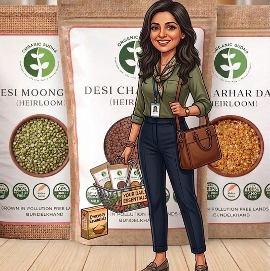 Woman standing in front of Desi Moong, Chana, and Arhar 'Combo Pack' .