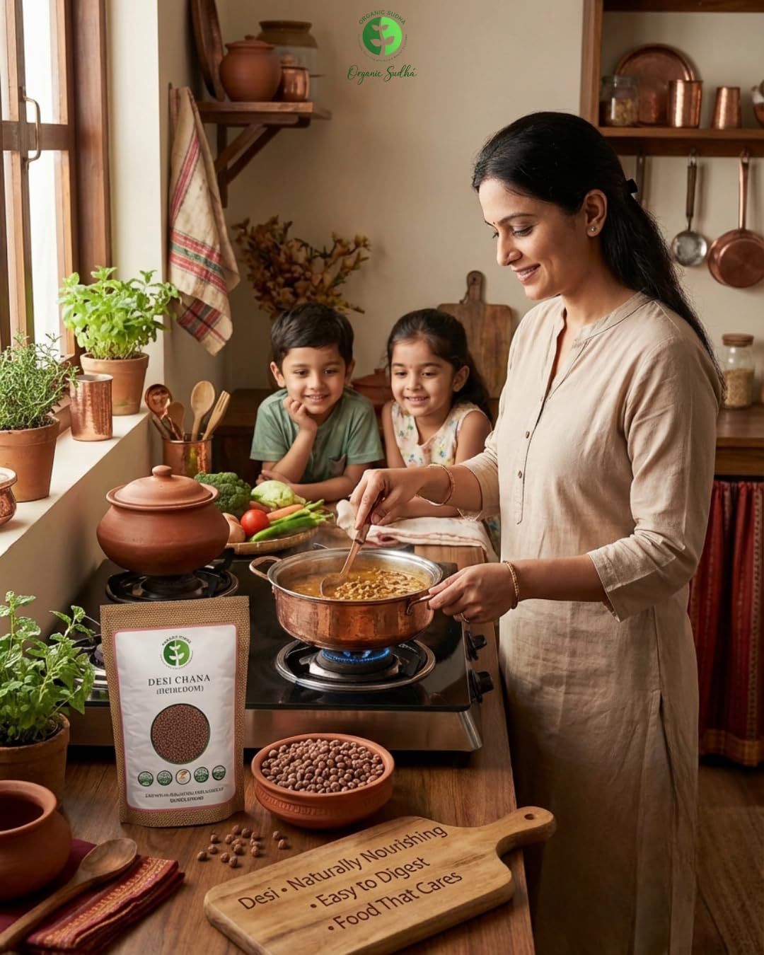 Woman cooking with children in a kitchen, surrounded by cooking ingredients and utensils.