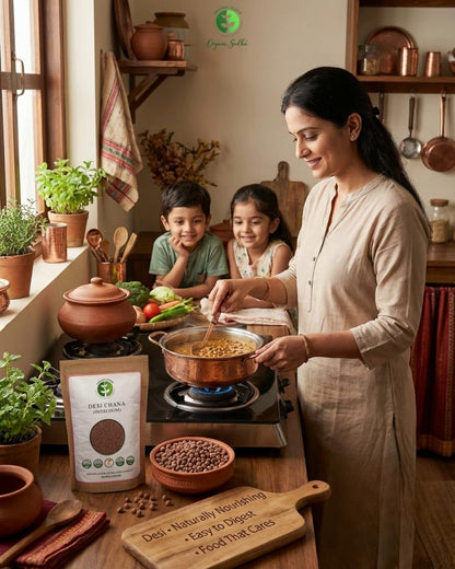 Woman cooking with children in a kitchen, surrounded by cooking ingredients and utensils.