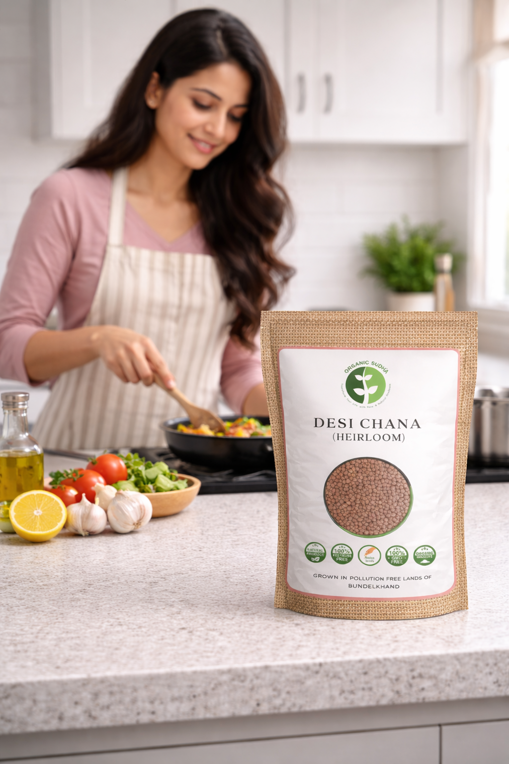 Woman cooking in a kitchen with a package of Desi Chana (Bengal gram) on the counter.