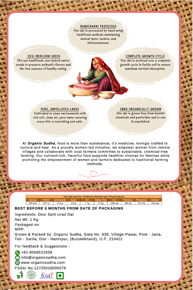 Product label with text and illustration of a woman preparing food on a woven background