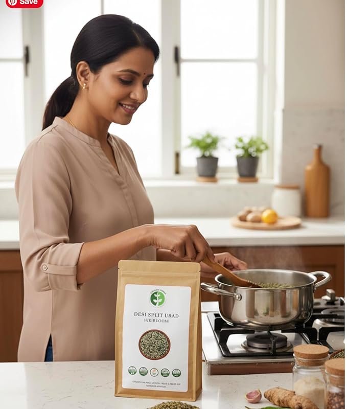 Woman cooking in a kitchen with a package of Desi Split Urad on the counter.